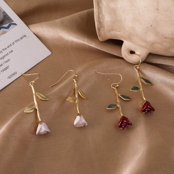 Crimson Red Rose Stem Leaflet Drop Dangle Gold Earrings - Picture 6 of 6